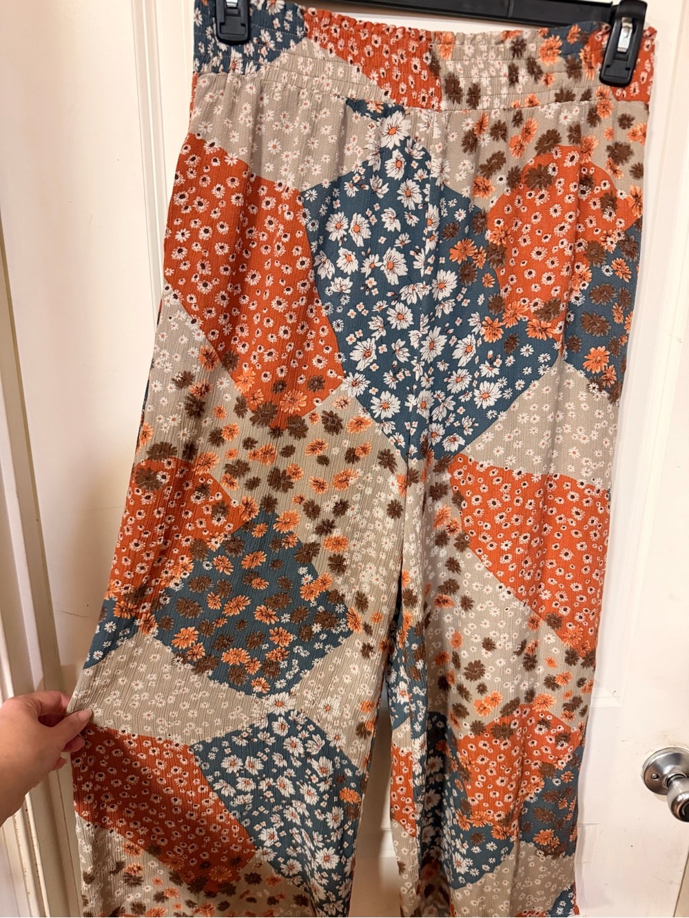 easel Floral Patchwork Wide-Leg Pants in Orange, Blue & Cream boho wide leg pant